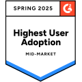 G2 Fall 2025 badge for Highest User Adoption in the Mid-Market category.