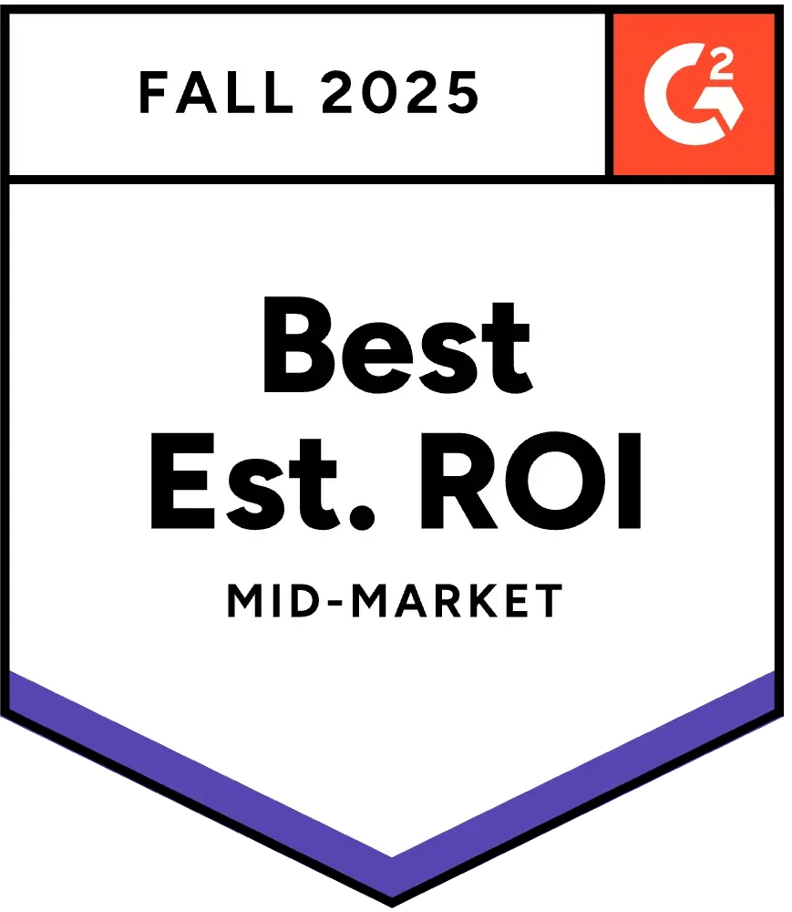 G2 Fall 2025 badge for Best Estimated ROI in the Mid-Market category.