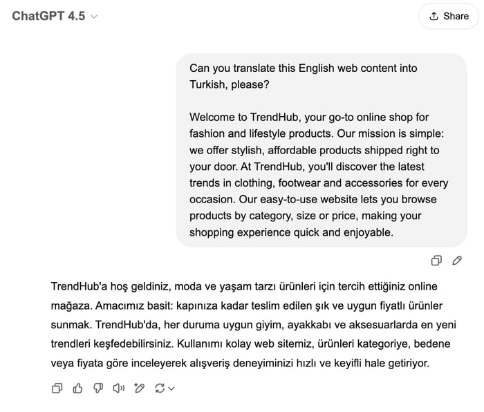 ChatGPT English to Turkish translation