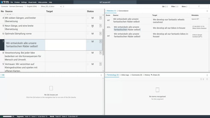 XTM AI translation interface