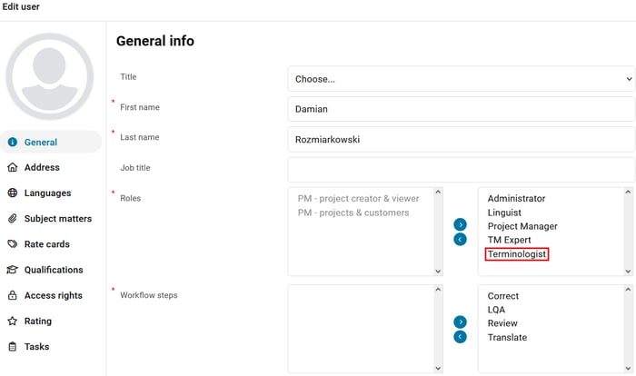 XTM user settings interface