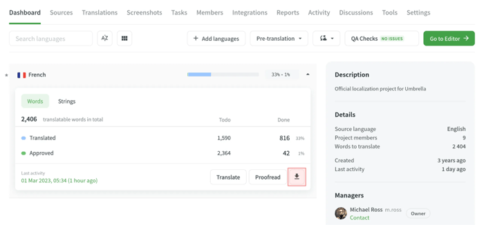 Crowdin dashboard view