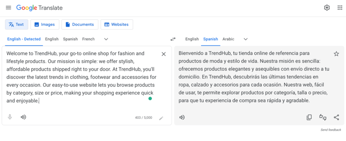 Google Translate interface