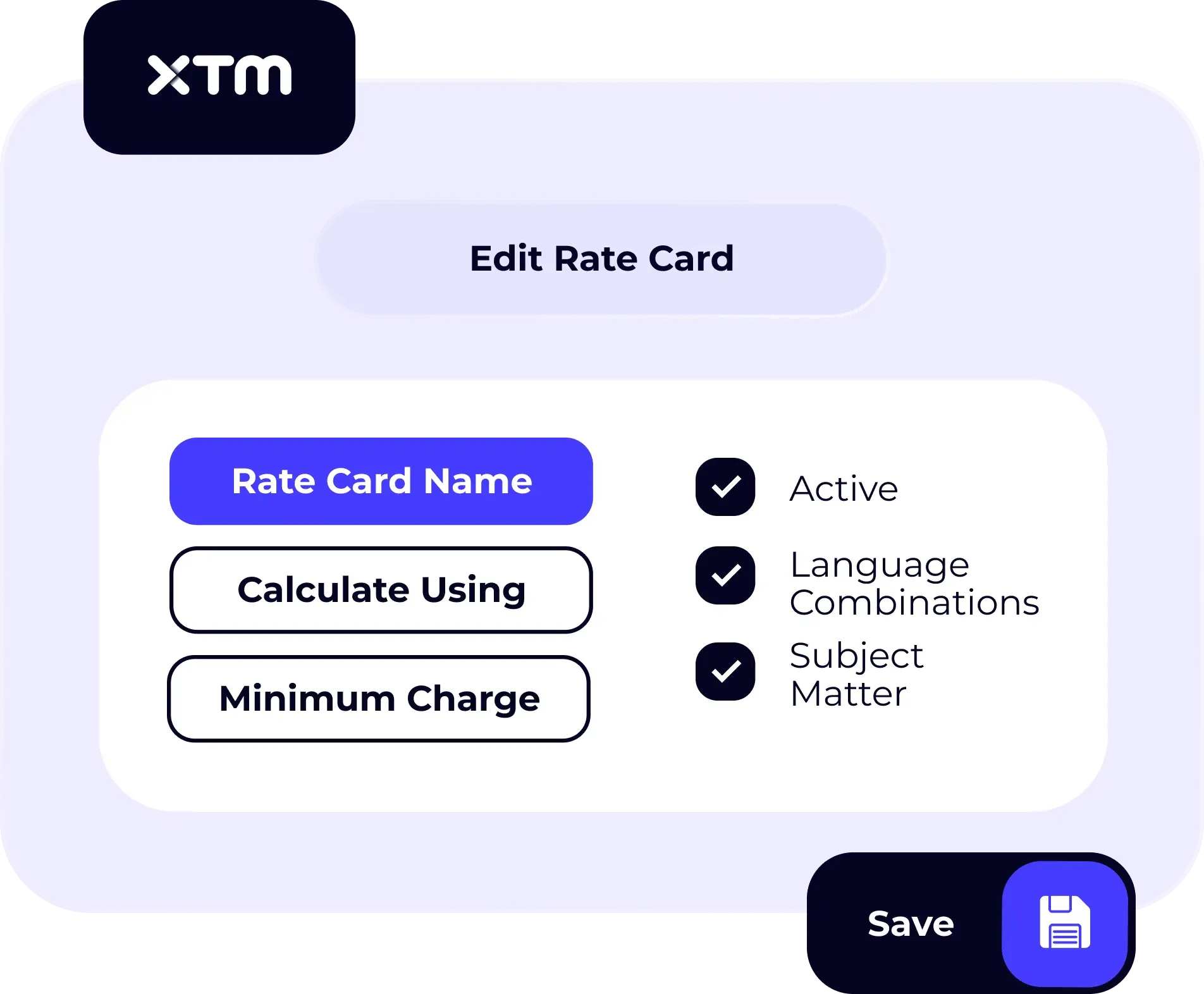 Customisable rate card setup screen within the cost management module.