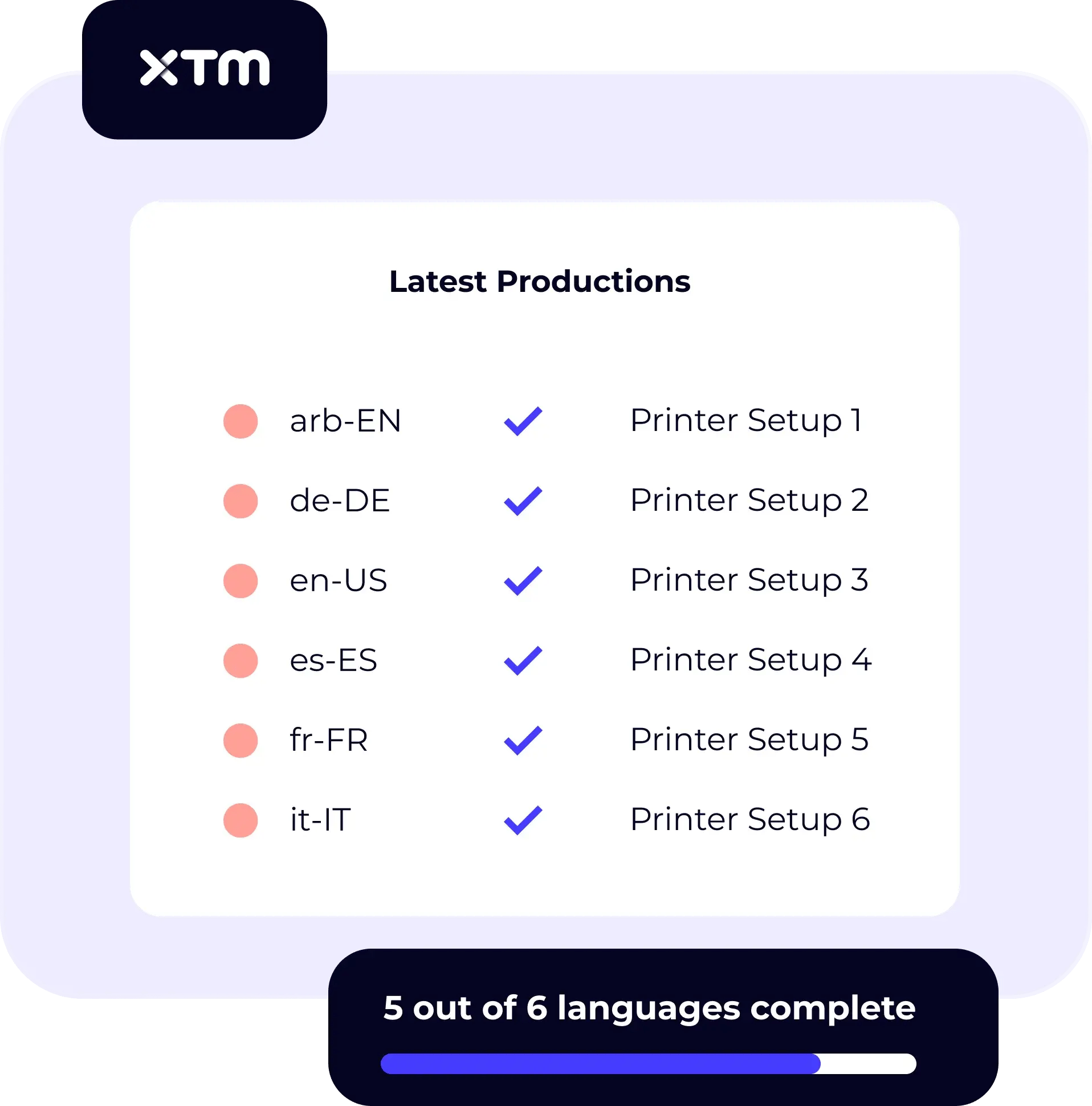 Overview of completed video productions in multiple languages for printer setup instructions.
