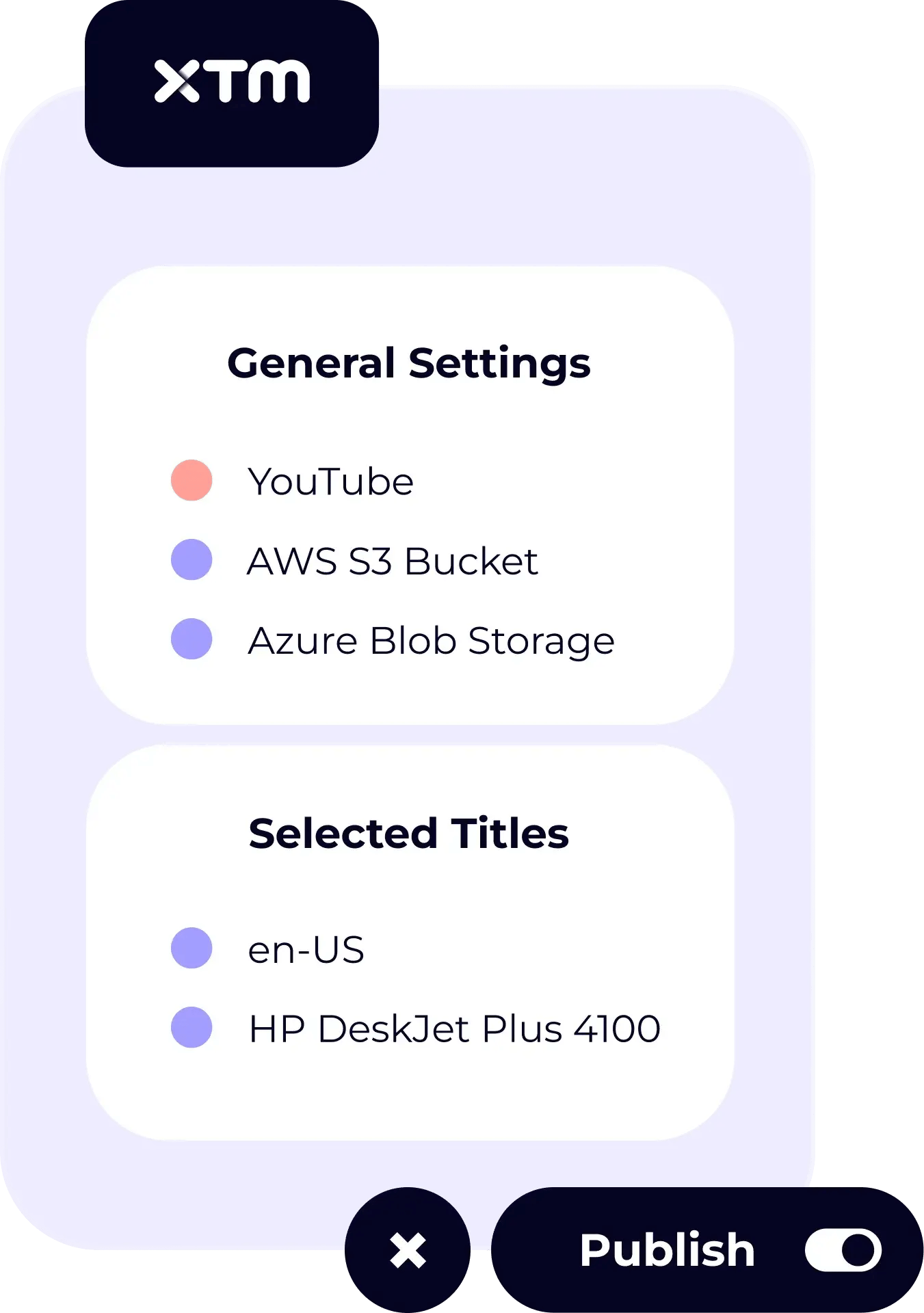 Video publishing settings showing integration with YouTube, AWS S3, and Azure Blob Storage for en-US title.