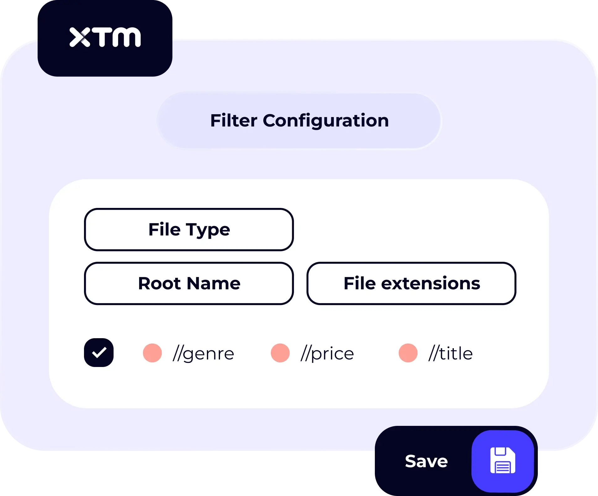 File filter configuration screen with editable rule fields.