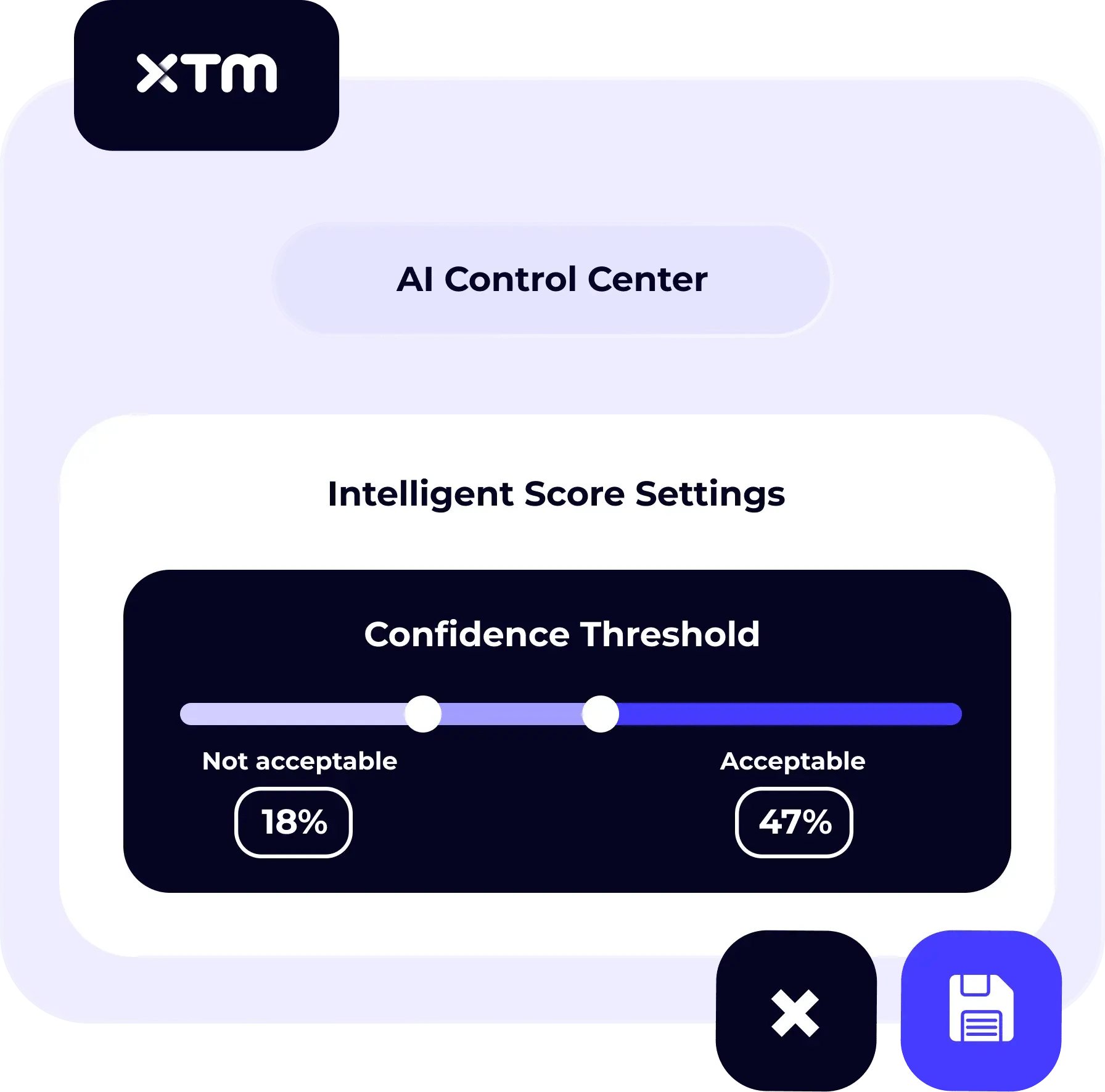 AI Control Center interface for setting acceptable and unacceptable confidence thresholds.