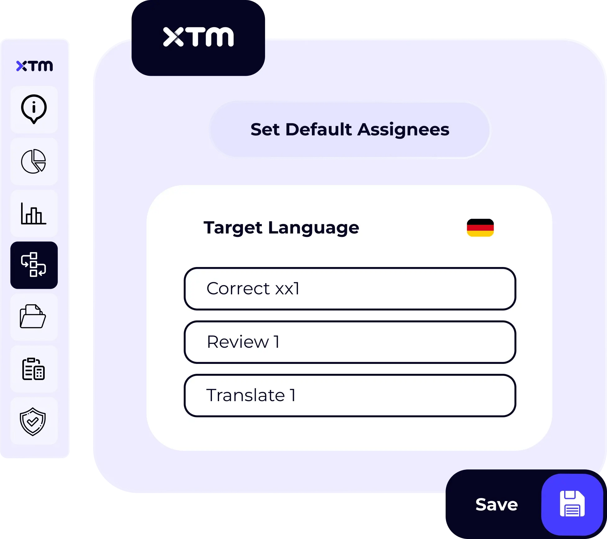 Interface for setting default assignees for different tasks in a translation workflow.
