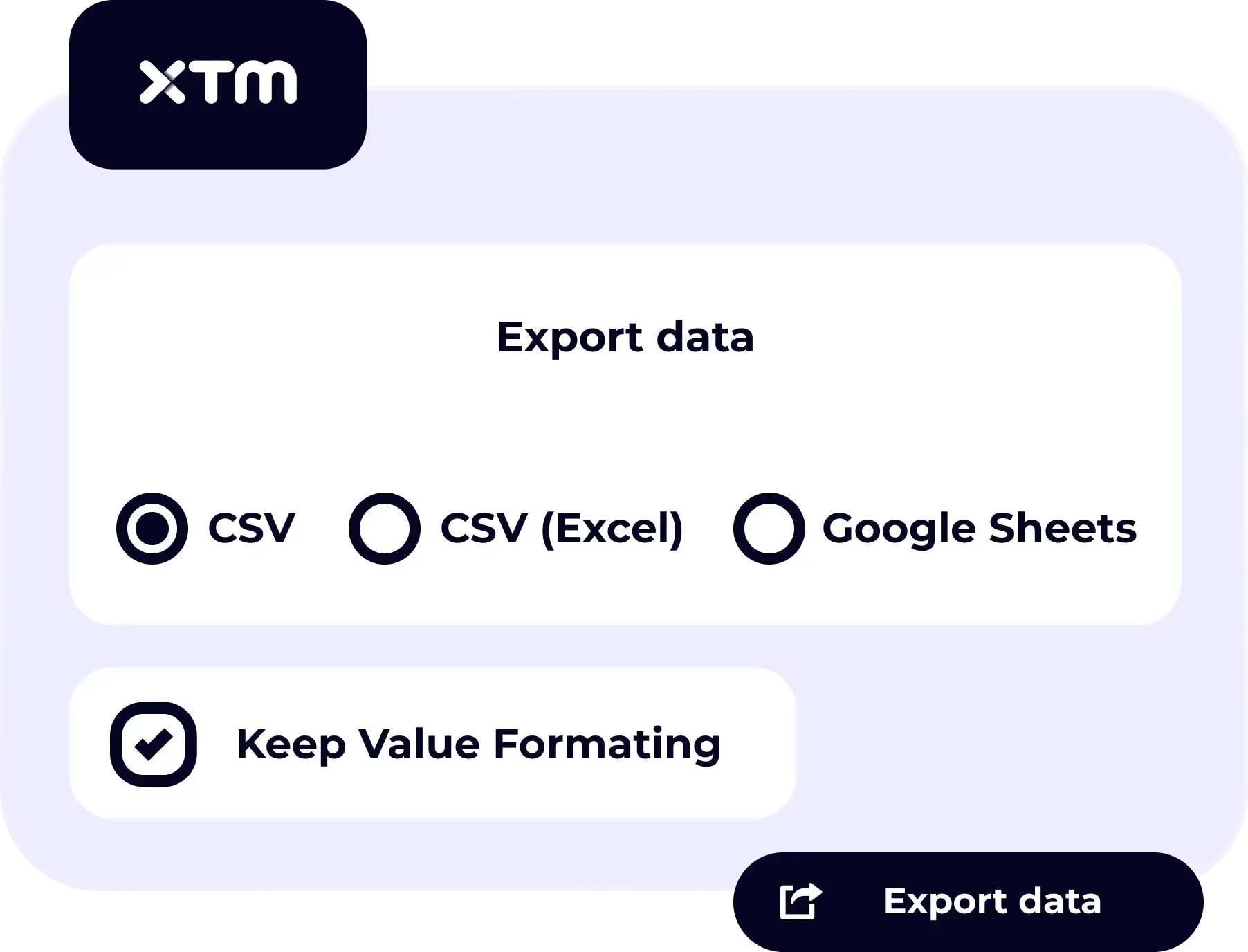 Export options for data: CSV, Excel, or Google Sheets, with formatting toggle.