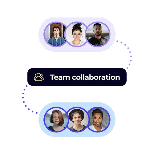 An abstract illustration with a purplish glow showing two groups of three team members linked by a central Team collaboration icon, representing a collaborative workflow.