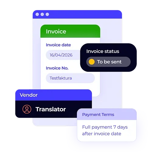 This XTRF vendor invoice screenshot, set against a light background, highlights how the system helps you manage financials with clear details on invoice status and payment terms. Ensure a smooth and transparent payment process. Request a demo to learn how XTRF can improve your financial management.