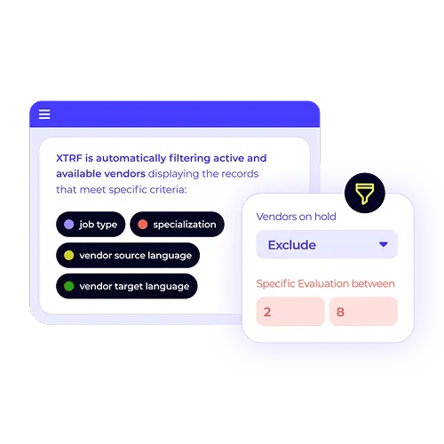 XTRF's smart vendor matching interface with a gray background. This image showcases how the system automatically filters for the best linguists based on rules like job type, specialization, and language pairs.