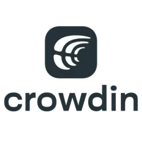 Crowdin logo in bold black and an abstract graphic of the logo