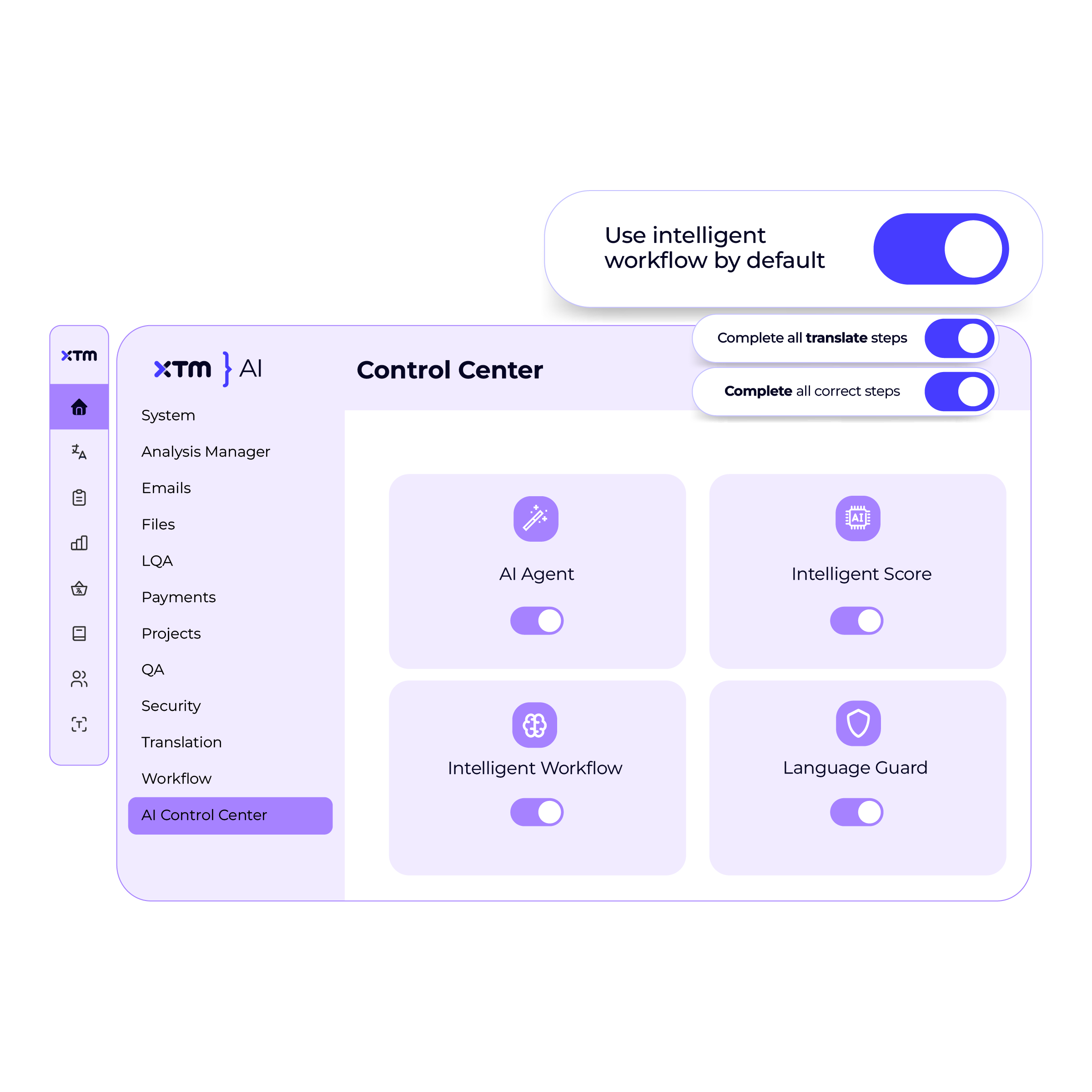 Graphic showing XTM translation system control centre dashboard in a lilac colour