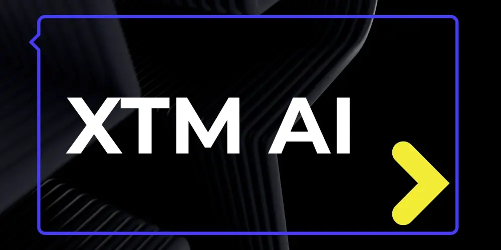 Black background with bold white text 'XTM AI' framed in blue with a yellow arrow