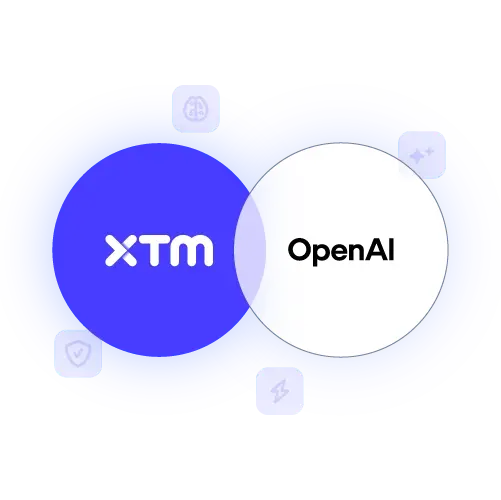 A Venn diagram showing an overlap between a blue XTM circle and a white OpenAI circle on a blue background.