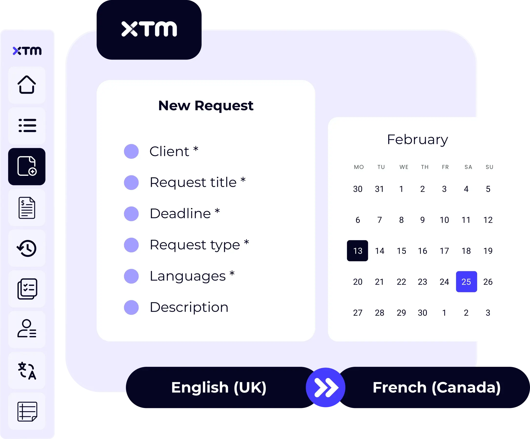 Client request form in FlowFit with language selection and deadline picker