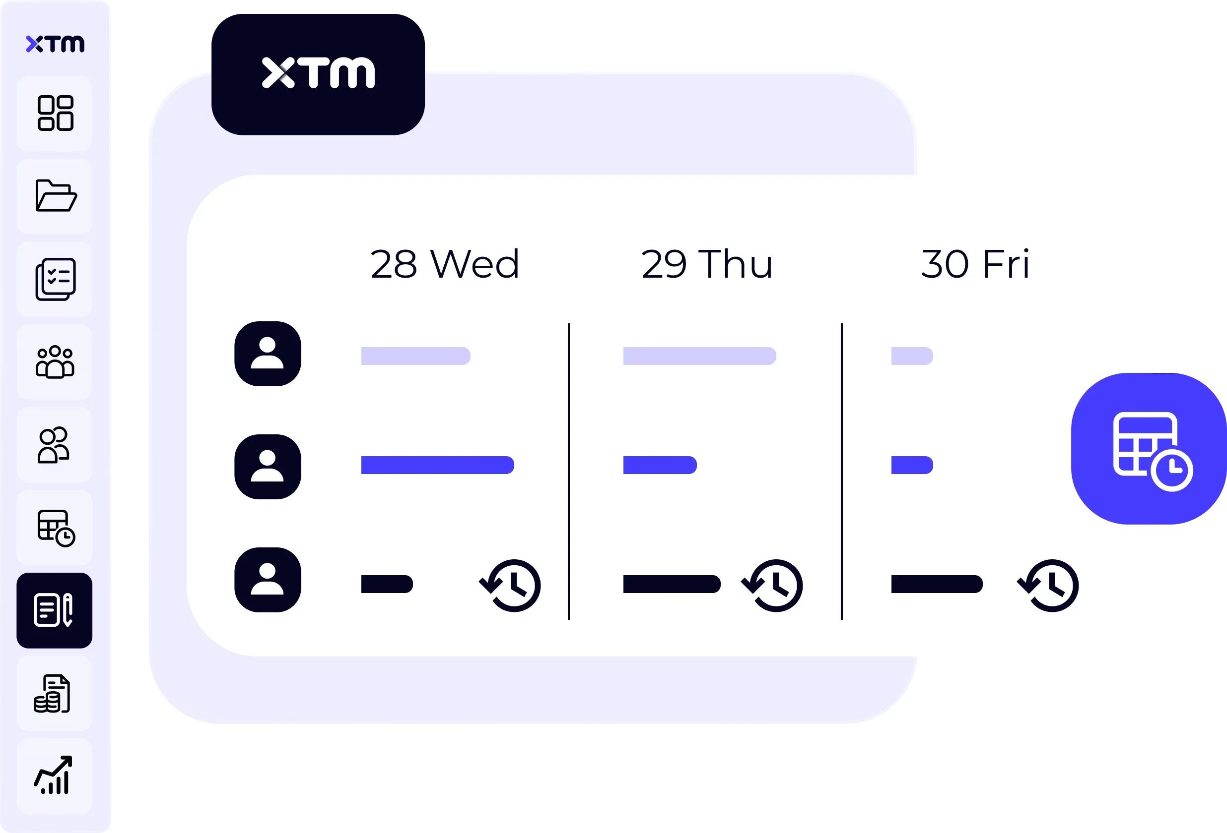 Weekly team task schedule view in FlowFit with time tracking