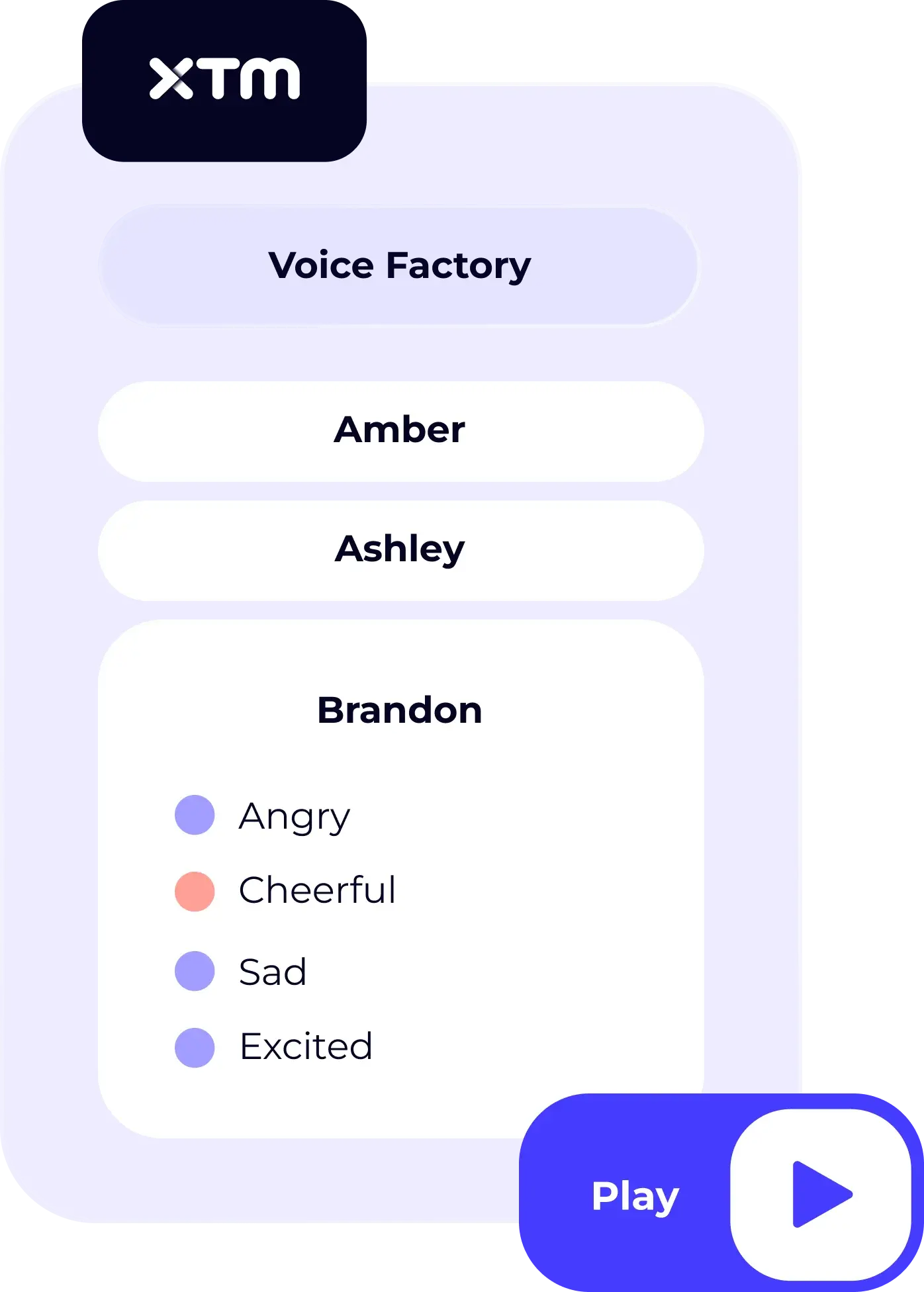 Voice Factory panel showing selectable voices and emotional tones like angry, cheerful, sad, and excited.