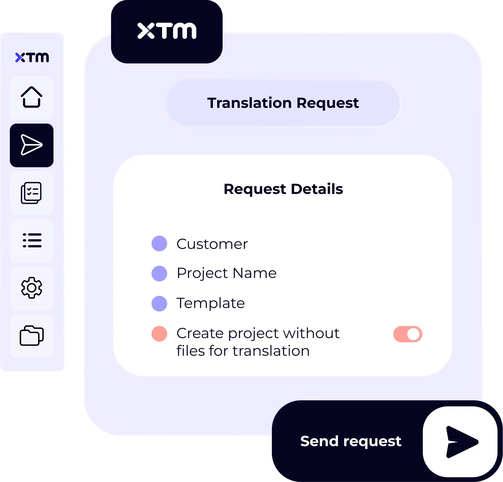 Form for translation request including customer, project name, template, and file toggle.