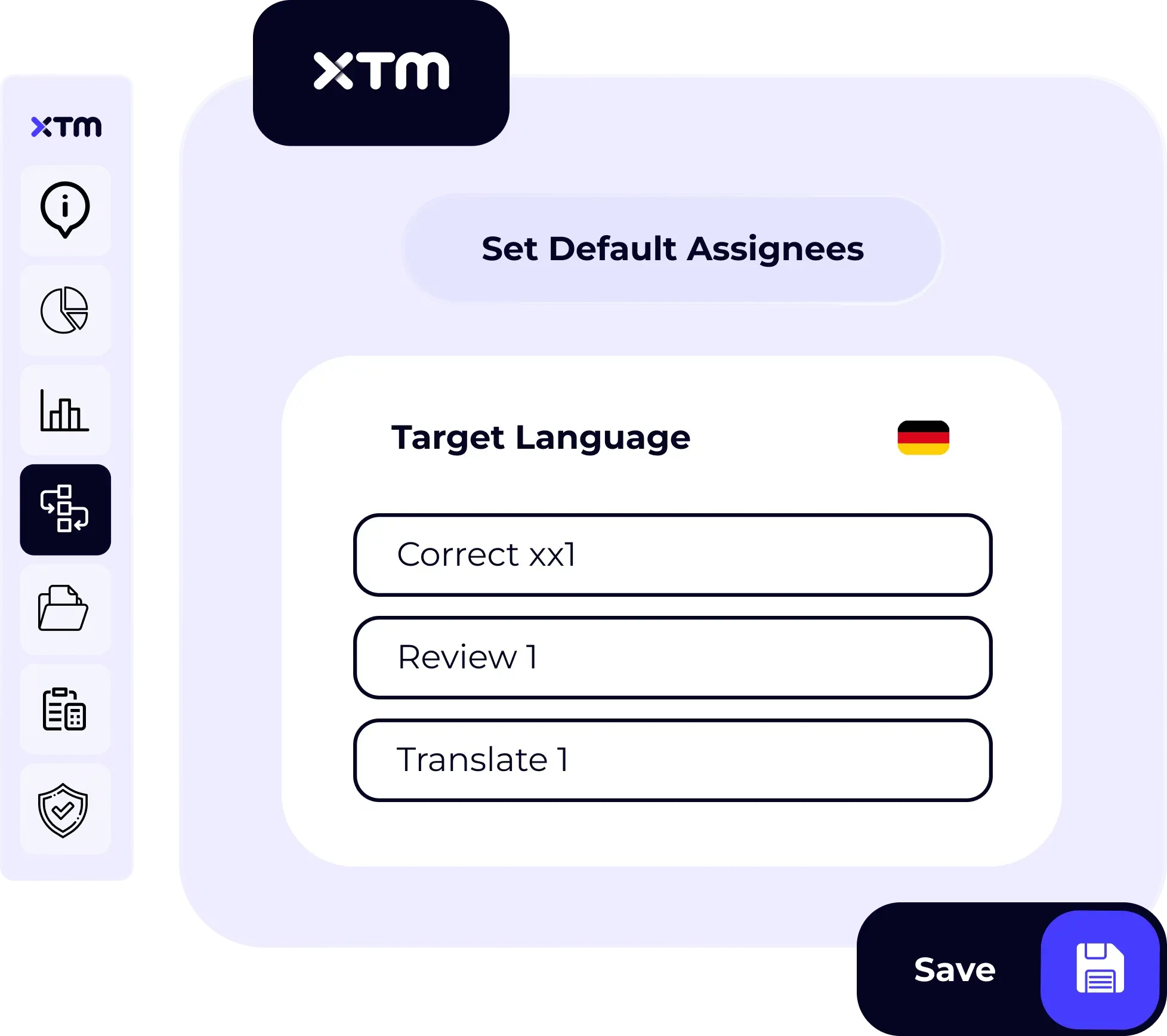 Interface for setting default assignees for different tasks in a translation workflow.