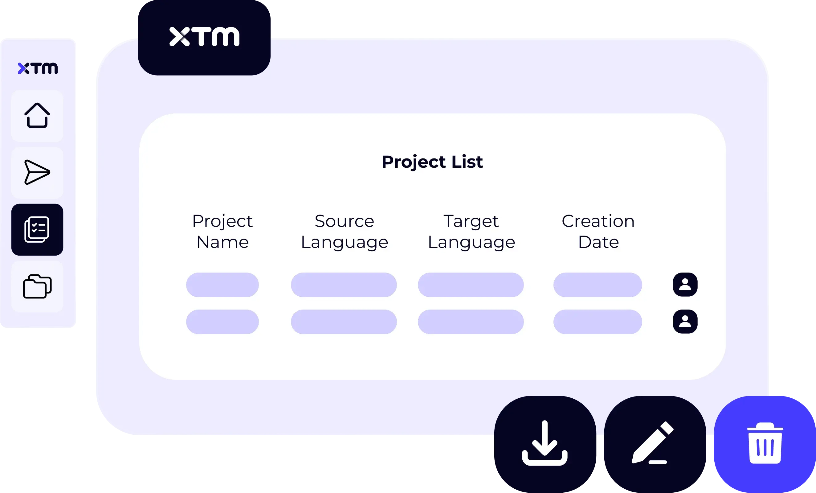 XTM project list view with quote editing tools such as download, edit, and delete.