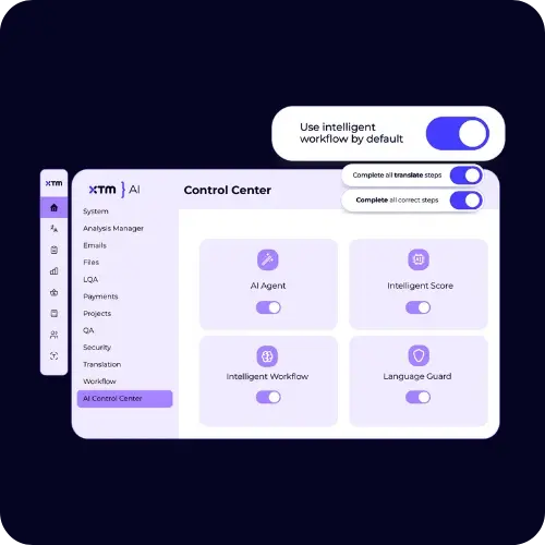 XTM control centre graphic showing AI Agent, Intelligent Score, Intelligent workflows and language guard features
