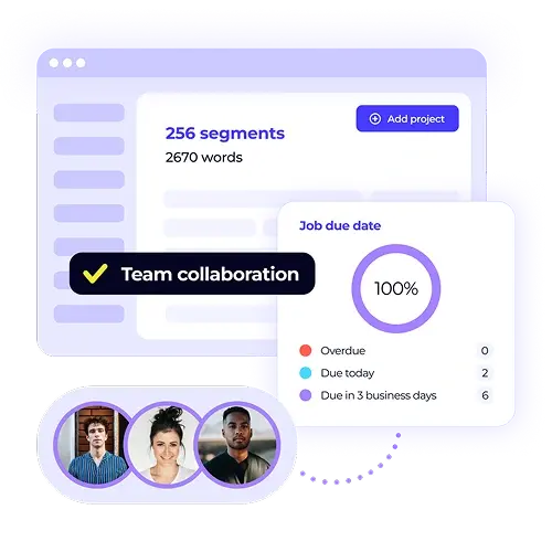 Localization hub dashboard showing metrics like word count and job due dates. The visual highlights the platform's team collaboration features for streamlined project management.
