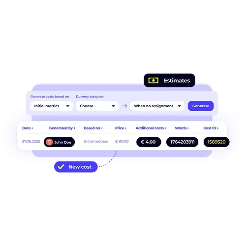 A cost management interface with a purplish glow. It displays a new cost estimate generated by a user, showing the date, price, additional costs, word count, and a unique Cost ID.
