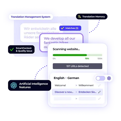 A software localization view with a purplish glow. A card shows a website scanning progress bar with 157 URLs detected, along with translations for detected content.