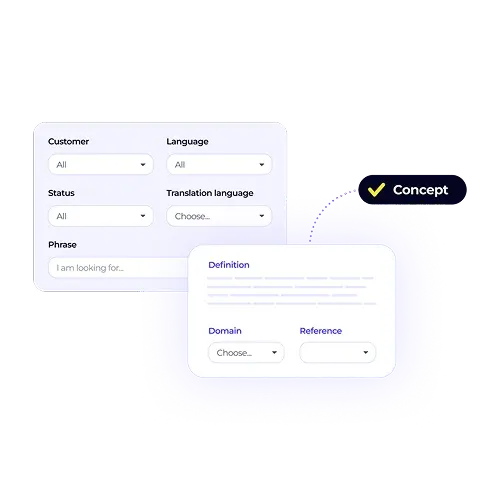 A terminology management interface with a purplish glow. It shows a search form and a Concept card with fields for a term's definition, domain, and reference.