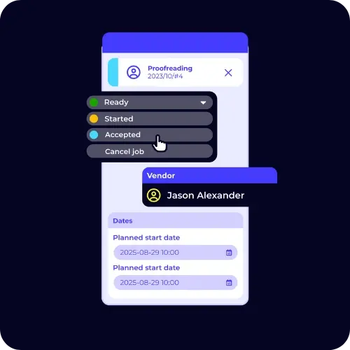 XTRF ticket graphic showing job status and vendor