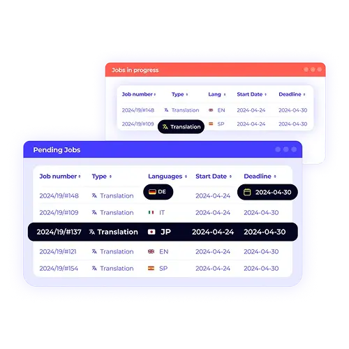 A screenshot of the XTRF Vendor Portal with pending and in-progress jobs. Empower your vendors and simplify their workflows.